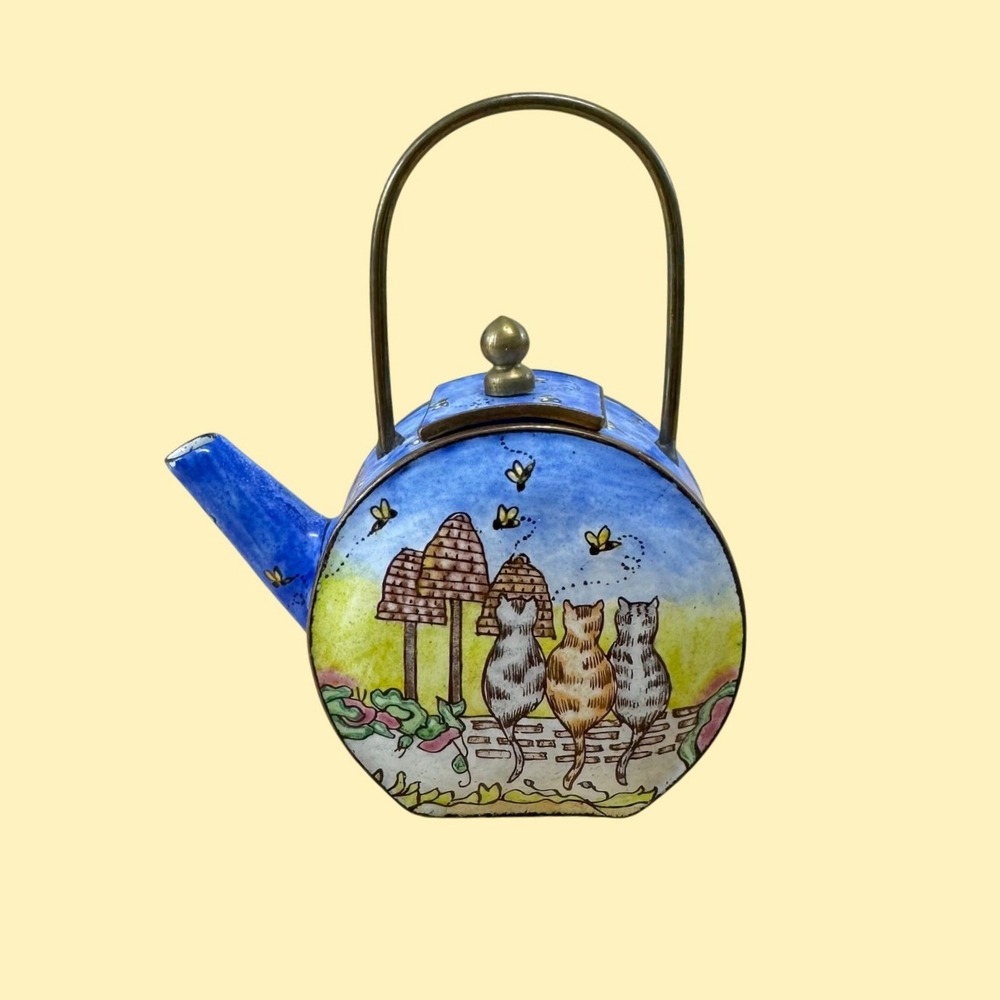 Empress Arts 2000 Miniature Enamel Teapot Cats Bees Beehive Collectible Blue